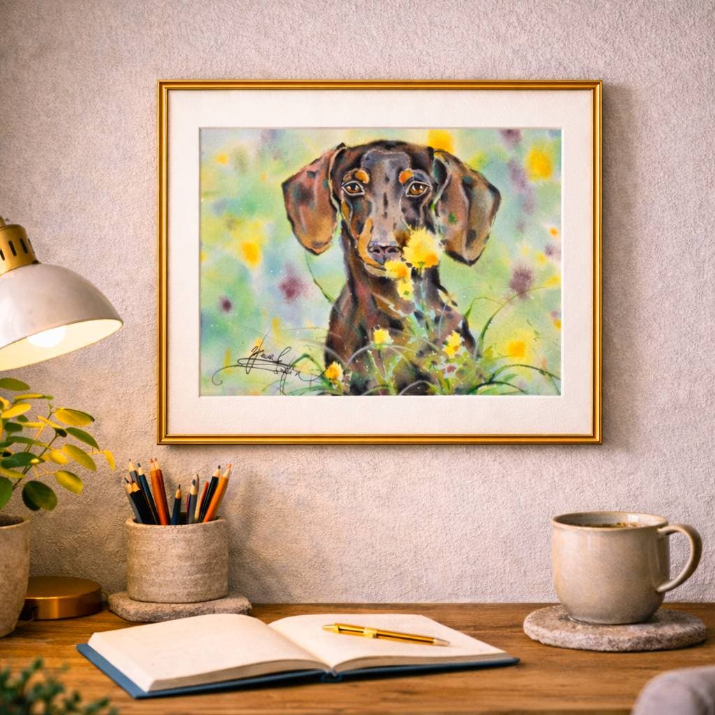 Dog Watercolor Painting, Original Dachshund Wall Art with Flowers — image 1