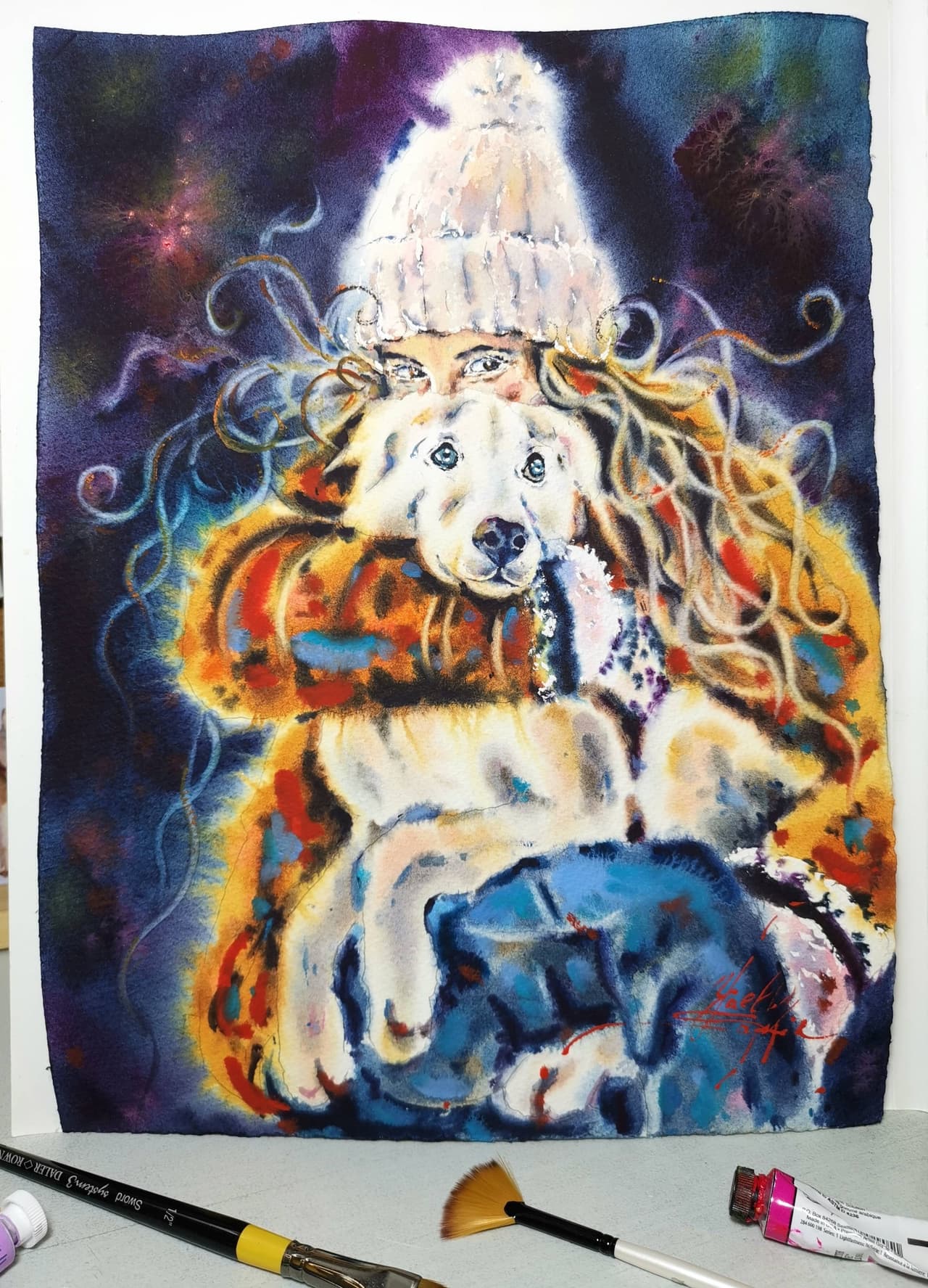 Original Watercolor Dog and Girl Painting - Cozy Winter Wall Art Decor — image 3