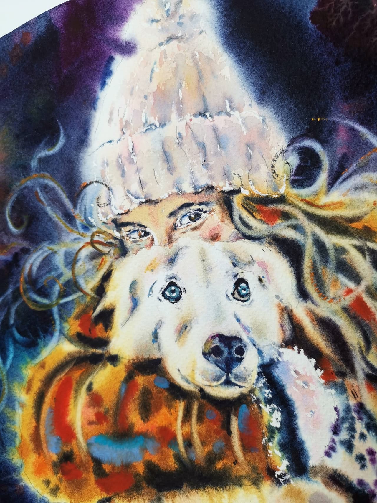 Original Watercolor Dog and Girl Painting - Cozy Winter Wall Art Decor — image 1