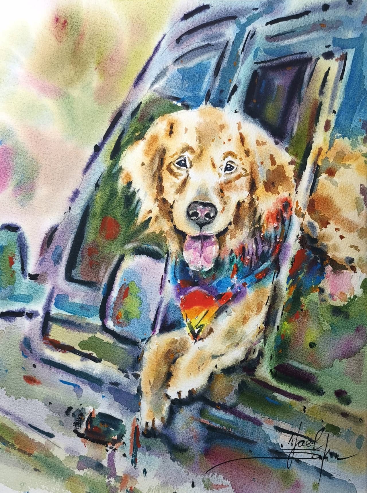 Dog painting Original watercolor painting Tel Aviv painting — image 1