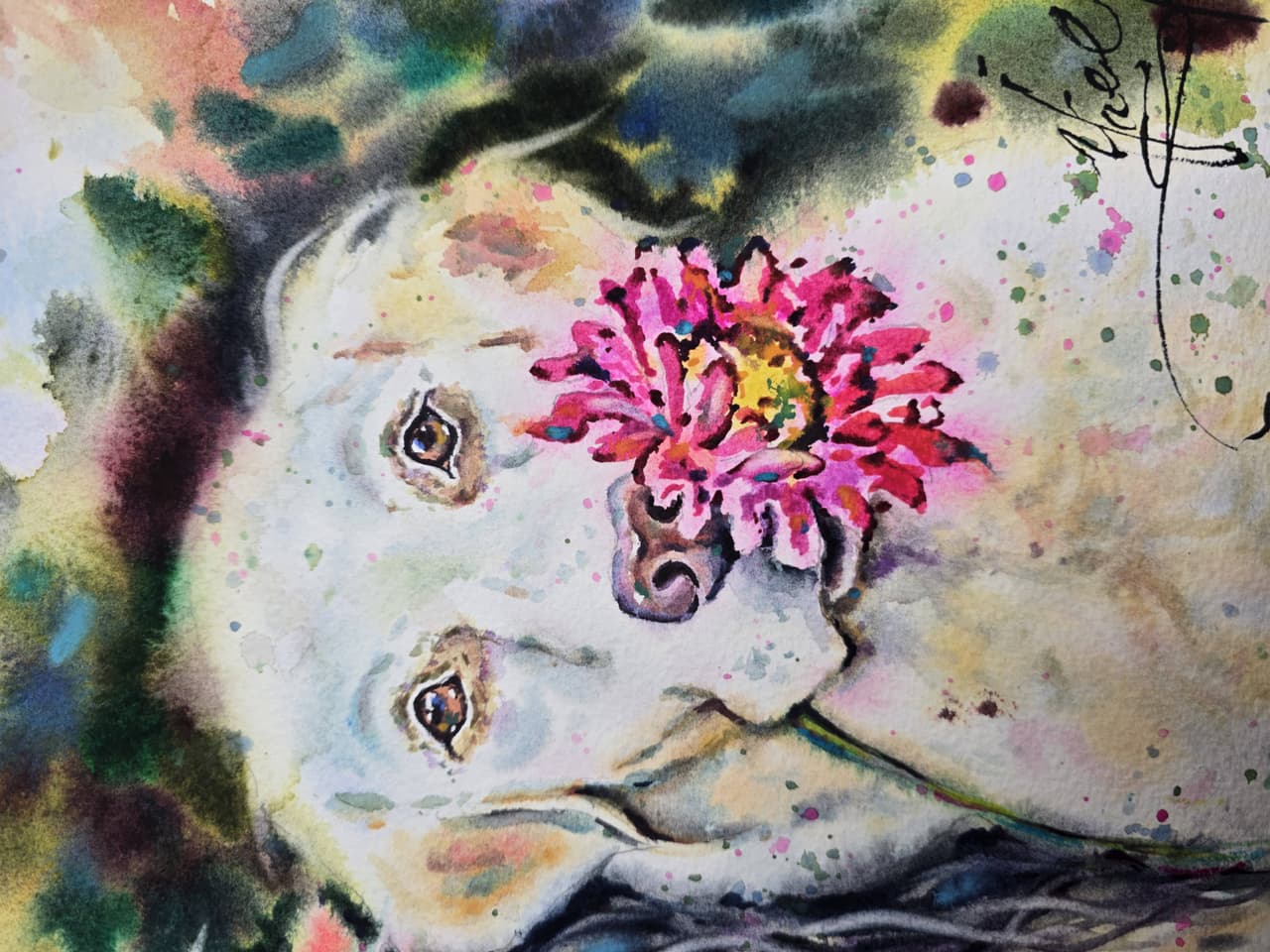Original Two Dogs with Flowers Watercolor Painting - Colorful Pet Portrait Wall Art  — image 5