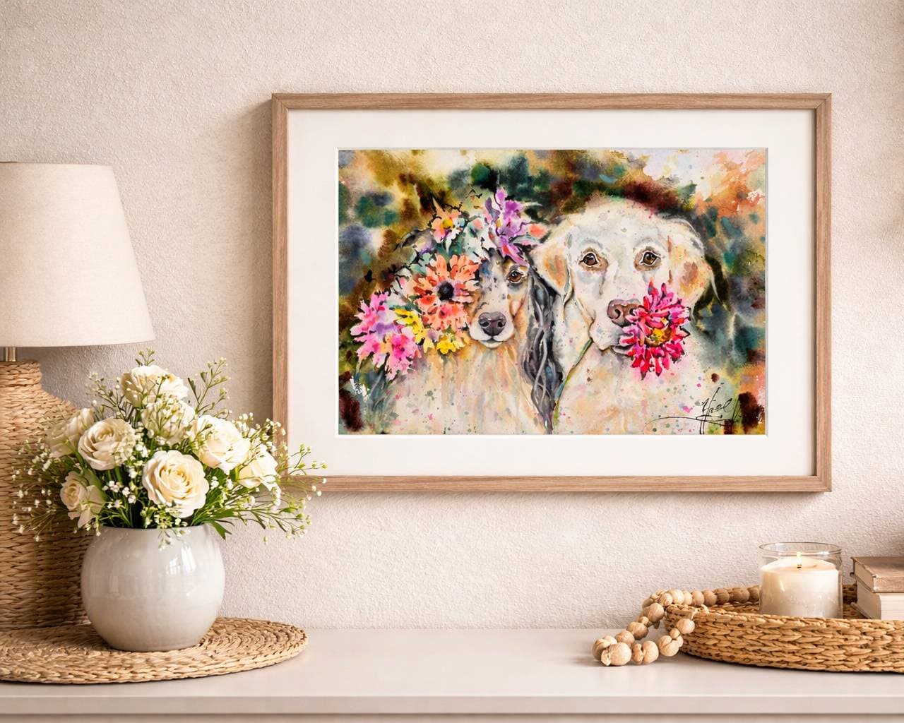 Original Two Dogs with Flowers Watercolor Painting - Colorful Pet Portrait Wall Art  — image 1