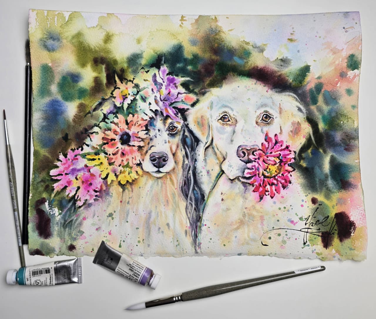 Original Two Dogs with Flowers Watercolor Painting - Colorful Pet Portrait Wall Art  — image 3