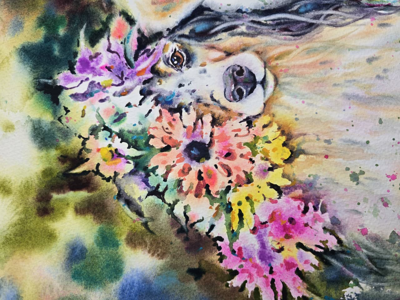 Original Two Dogs with Flowers Watercolor Painting - Colorful Pet Portrait Wall Art  — image 4