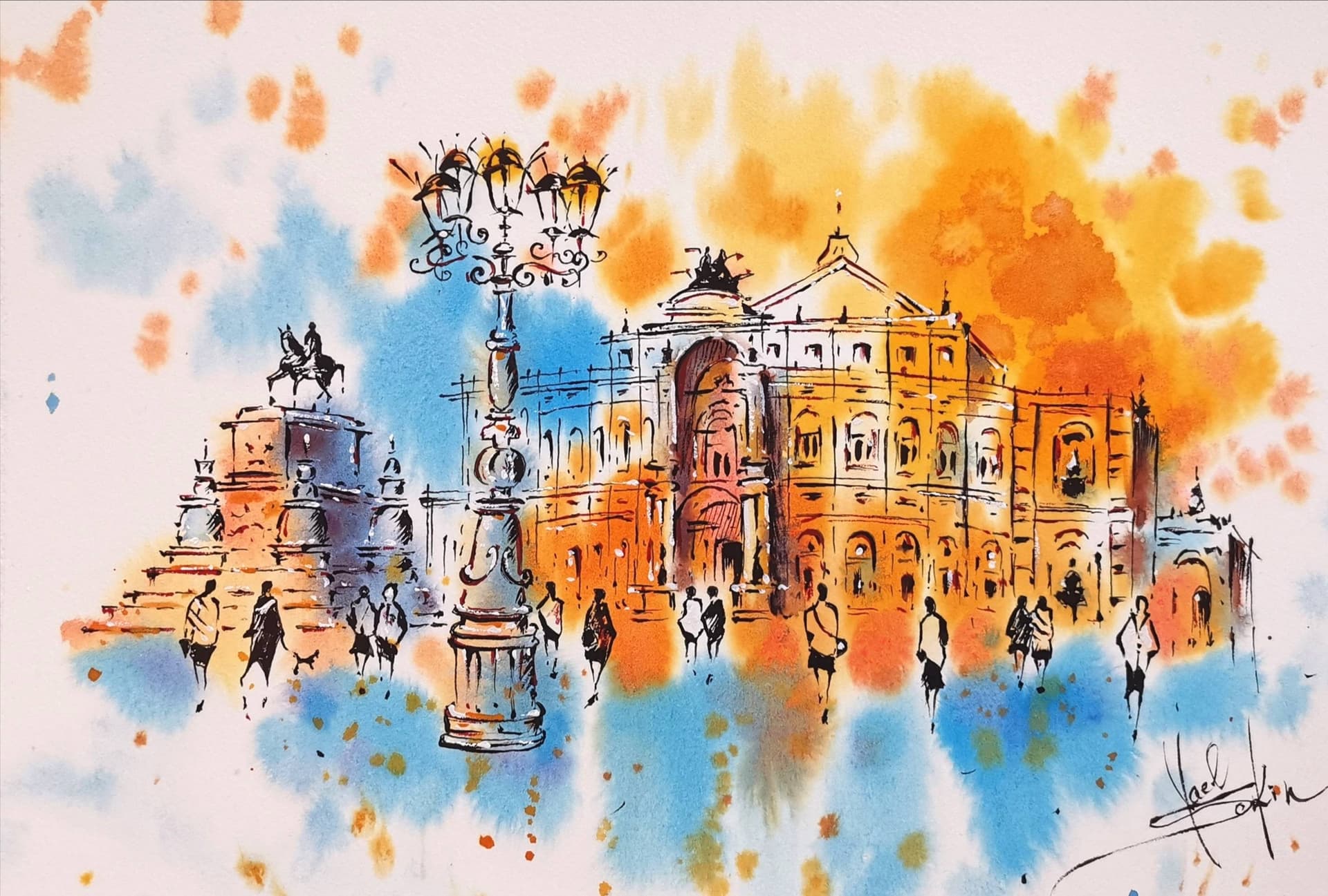 urban sketch of Dresden Theaterplatz with Semperoper Opera House and King Johann Monument in ink and watercolor