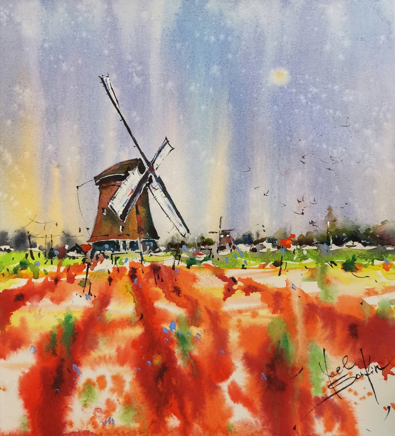 Dutch Windmill Painting Original Watercolor Amsterdam Landscape Tulip Field Artwork  — image 1