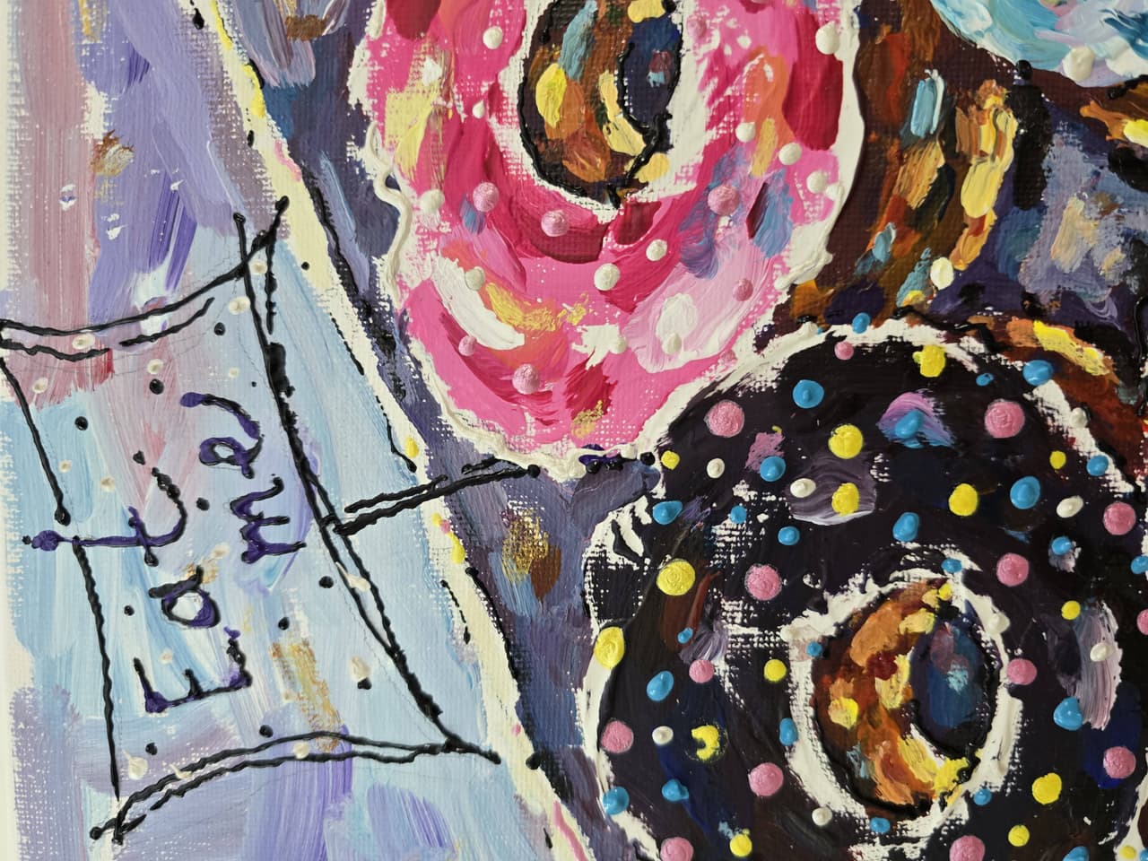 Original Donuts Painting on Canvas - Colorful Mixed Media Wall Art, Textured Acrylic Artwork — image 4