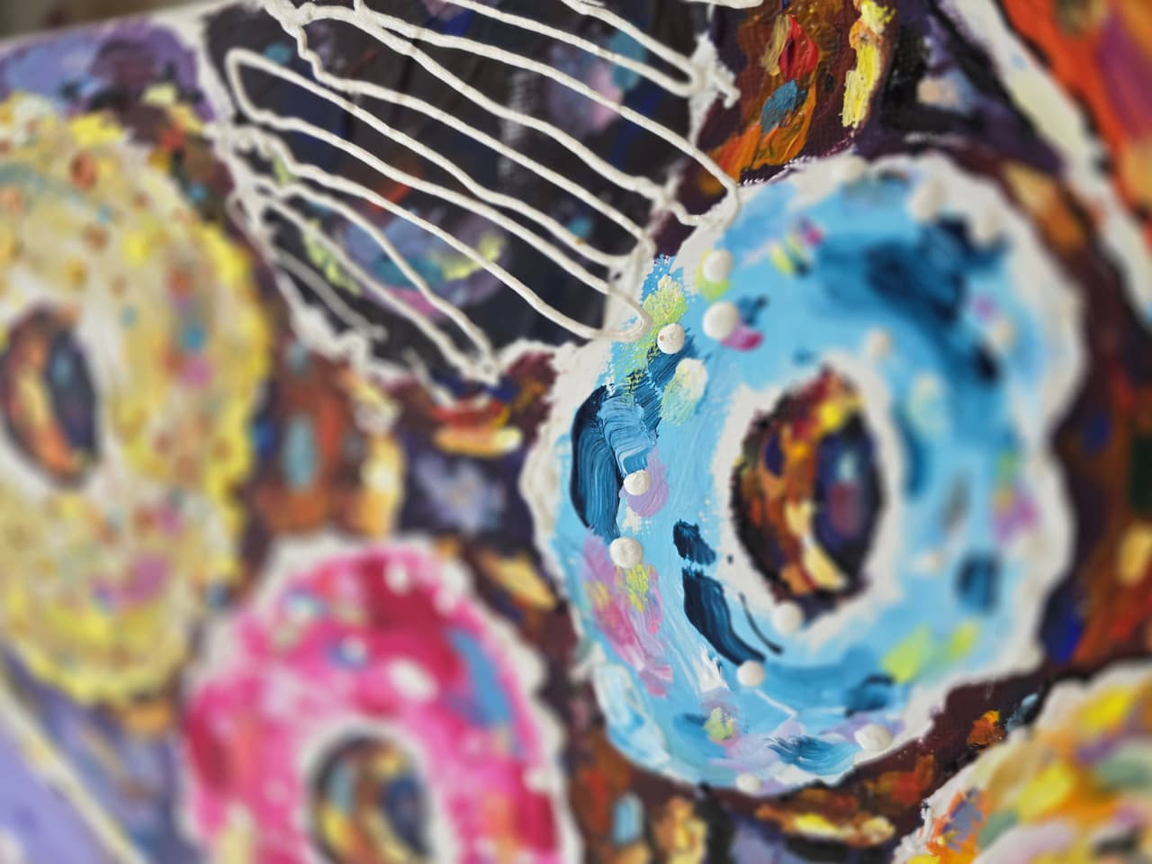 Original Donuts Painting on Canvas - Colorful Mixed Media Wall Art, Textured Acrylic Artwork — image 6