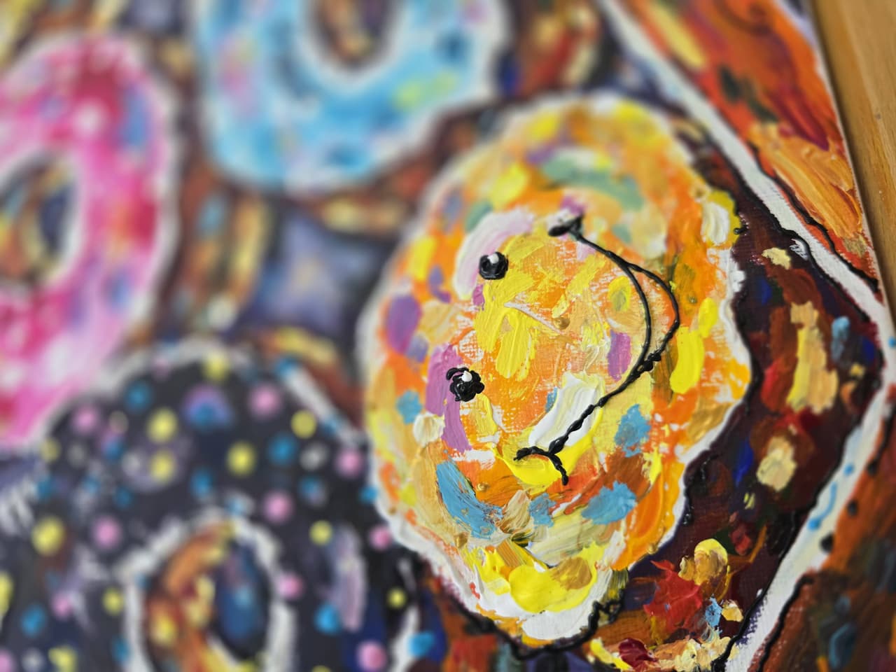 Original Donuts Painting on Canvas - Colorful Mixed Media Wall Art, Textured Acrylic Artwork — image 3