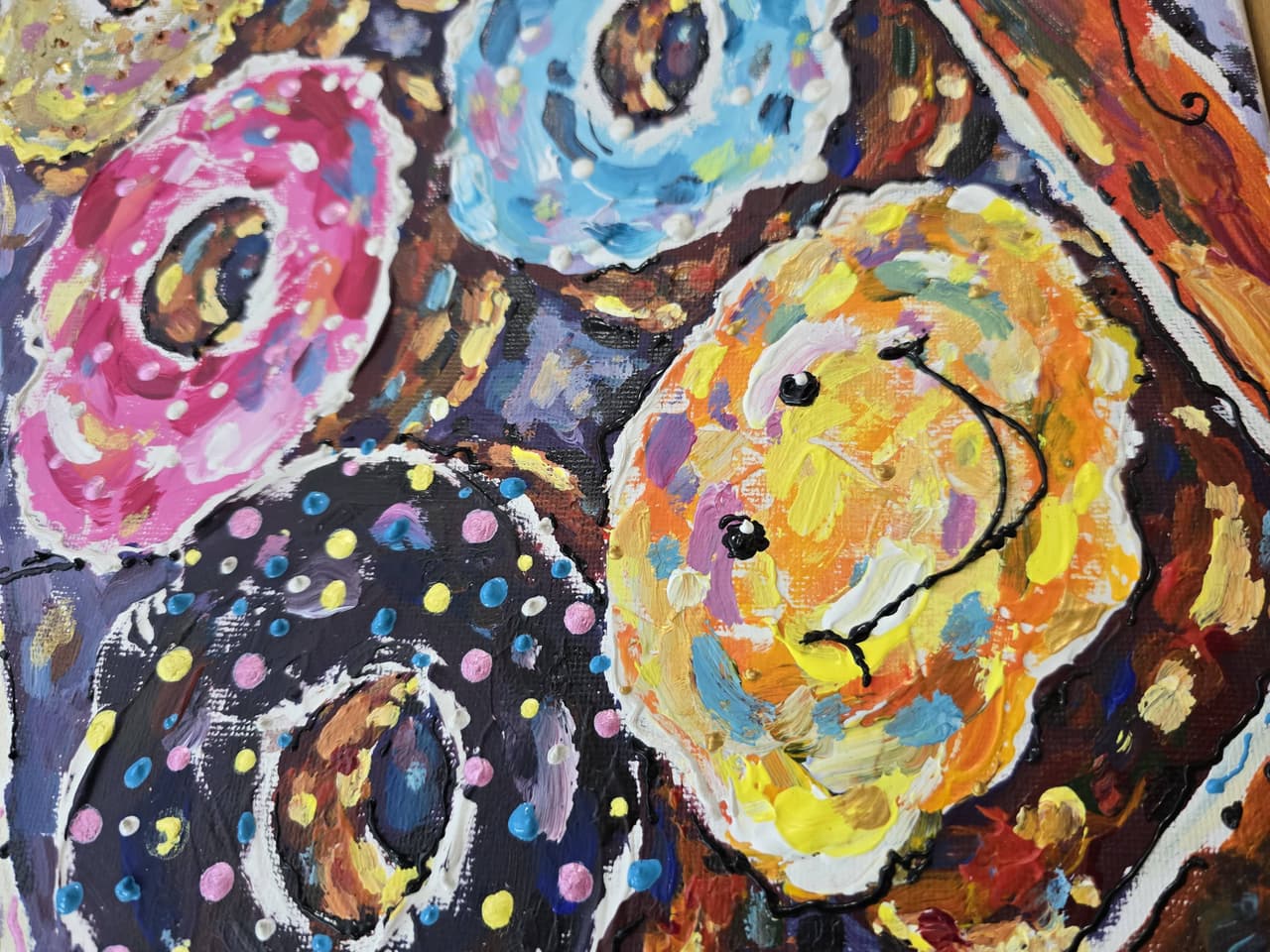Original Donuts Painting on Canvas - Colorful Mixed Media Wall Art, Textured Acrylic Artwork — image 5