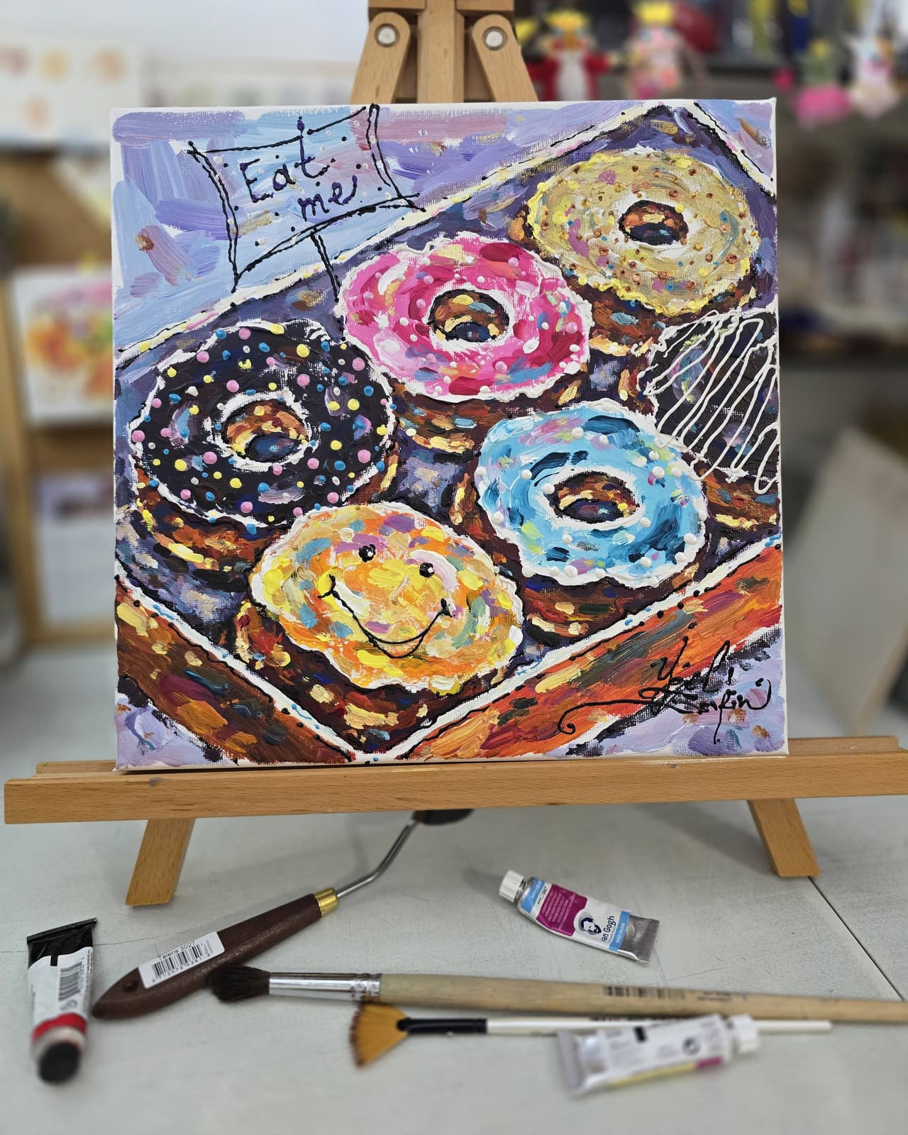 Original Donuts Painting on Canvas - Colorful Mixed Media Wall Art, Textured Acrylic Artwork — image 2