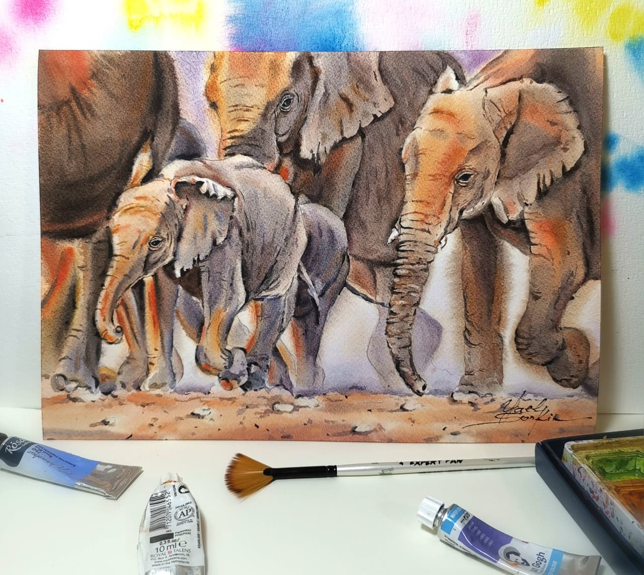 Elephant Family - Original Watercolor Wildlife Painting - Animal Wall Art — image 1