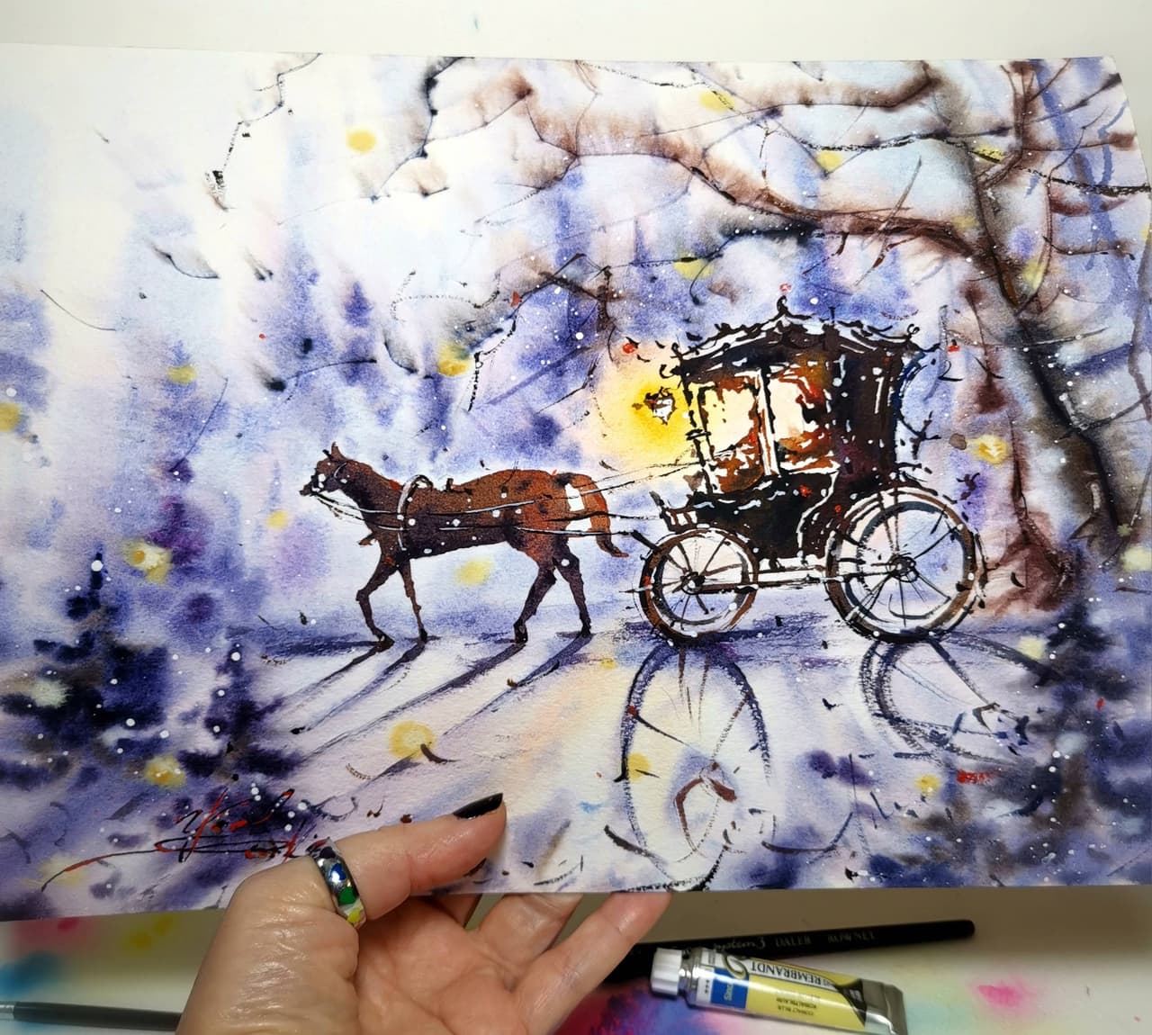 Original Watercolor Fairy Horse and Carriage Painting - Fantasy Wall Art — image 1