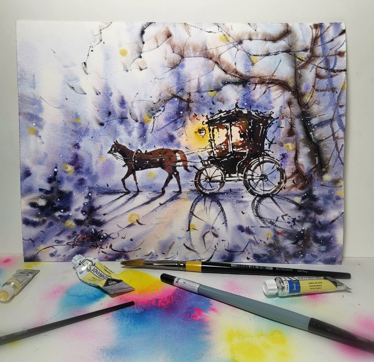 Original Watercolor Fairy Horse and Carriage Painting - Fantasy Wall Art — image 2