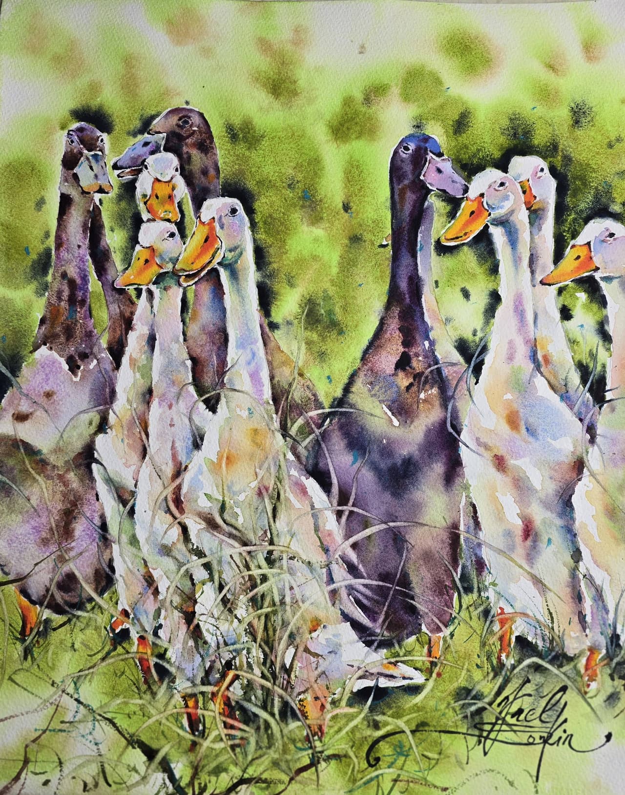 Geese Watercolor Painting, Original Farm Animal Wall Art — image 1