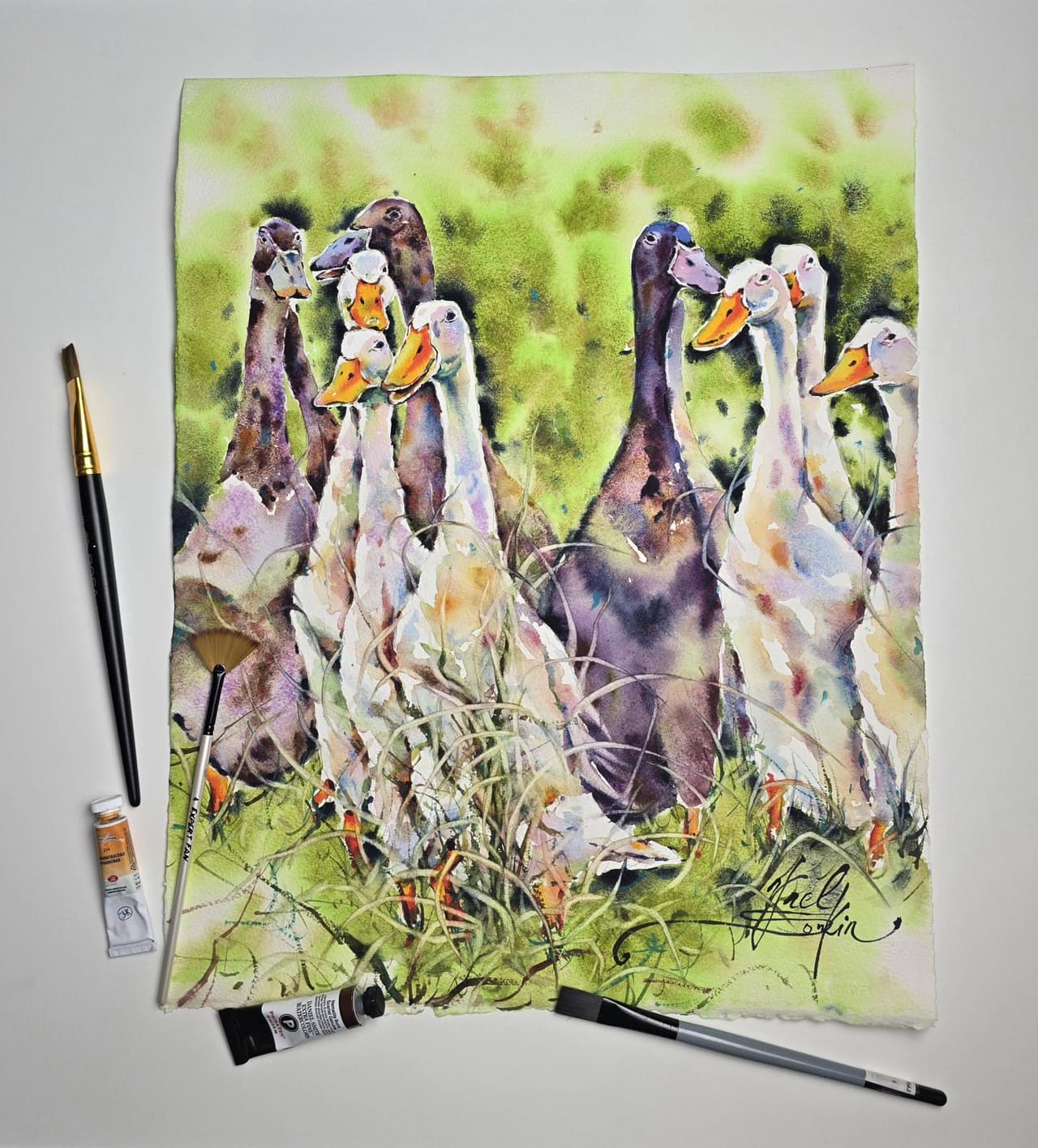 Geese Watercolor Painting, Original Farm Animal Wall Art — image 4