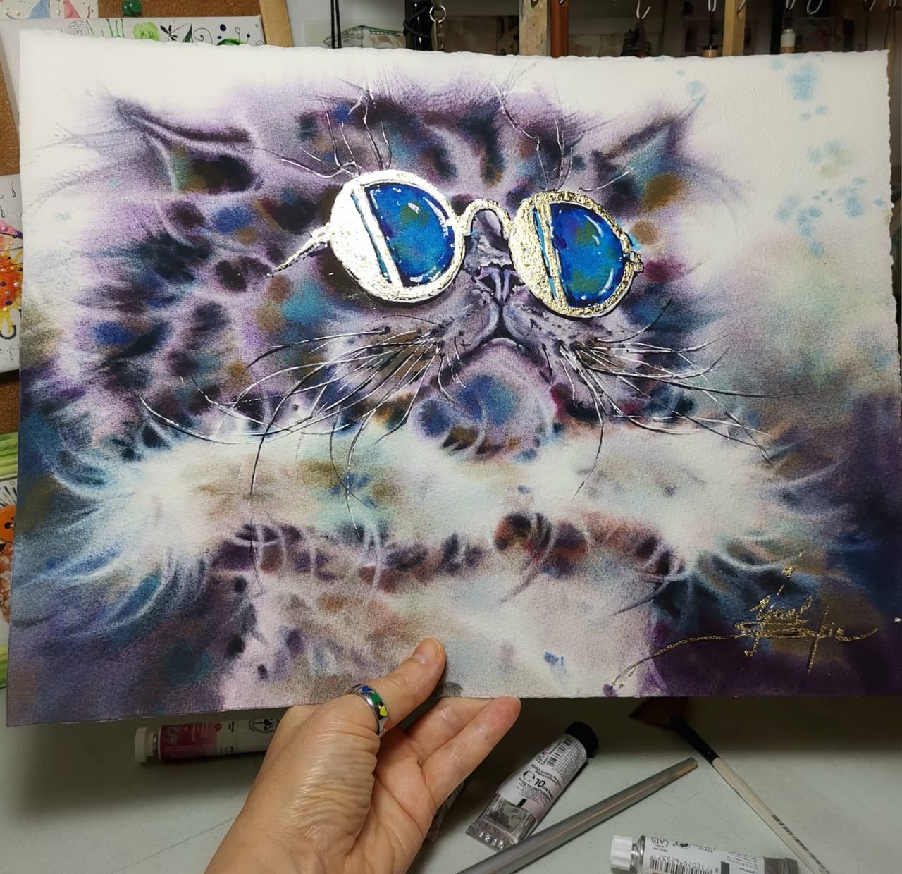 Original Watercolor Fashion Cat painting - Modern Animal Wall Art Decor — image 1