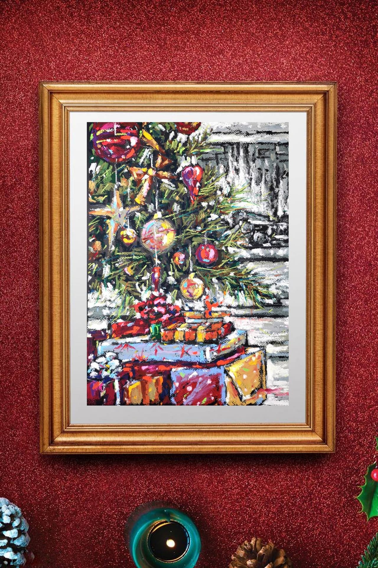 Christmas tree painting Original oil pastel artwork — image 2