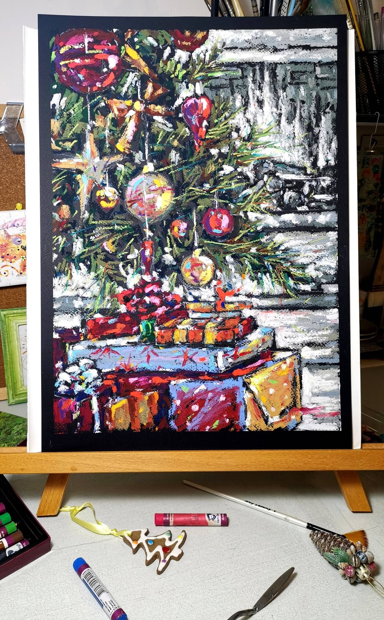 Christmas tree painting Original oil pastel artwork — image 5