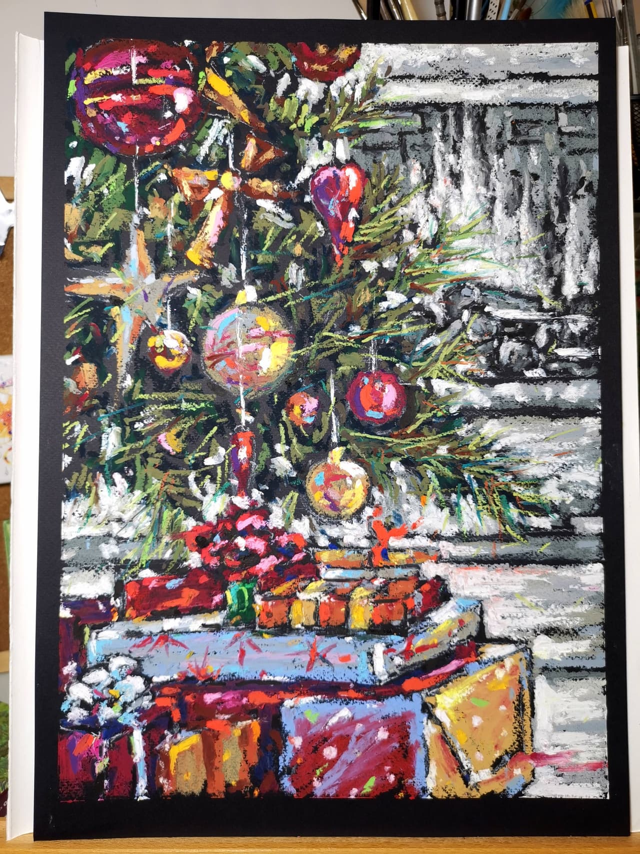 Christmas tree painting Original oil pastel artwork — image 4