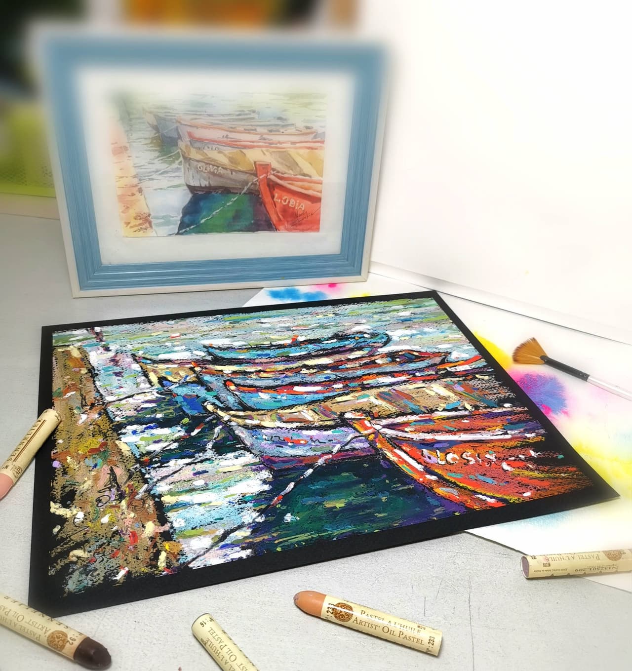 Italy painting Original oil pastel painting Fishing boats painting I — image 2