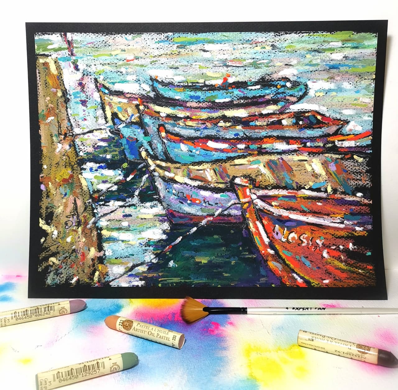 Italy painting Original oil pastel painting Fishing boats painting I — image 3