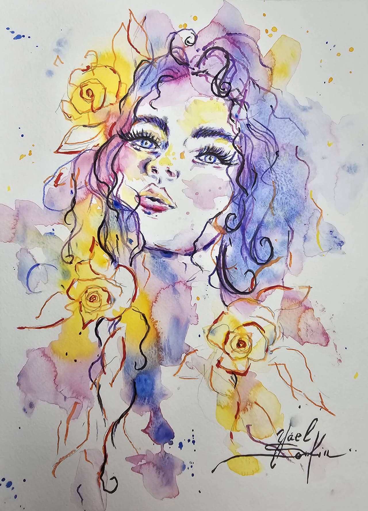 Female Portrait with Flowers - Original Watercolor Painting — image 1