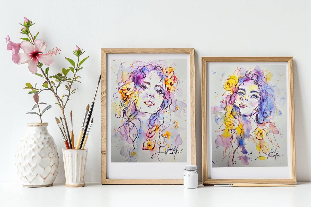 Female Portrait with Flowers - Original Watercolor Painting — image 2