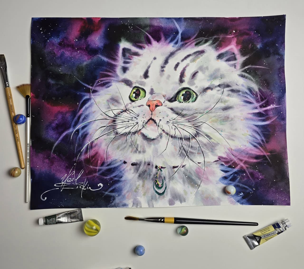 White Cat Watercolor Painting with Galaxy Background - Original Cosmic Wall Art — image 1