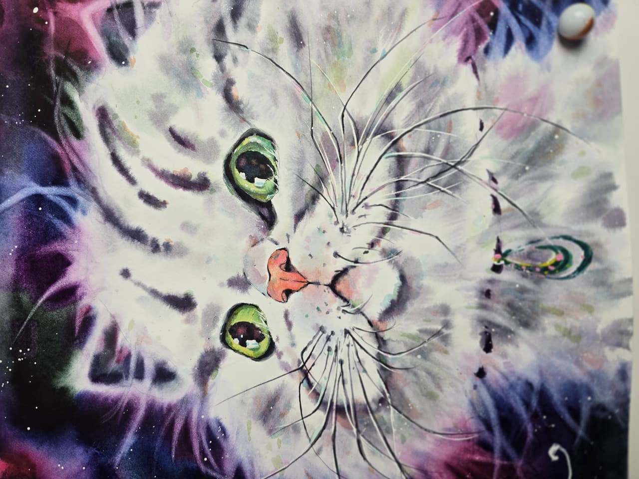 White Cat Watercolor Painting with Galaxy Background - Original Cosmic Wall Art — image 2