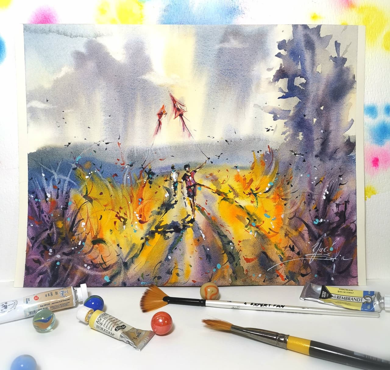Original Watercolor Flying Kites Painting - Nostalgic Childhood Wall Art — image 1