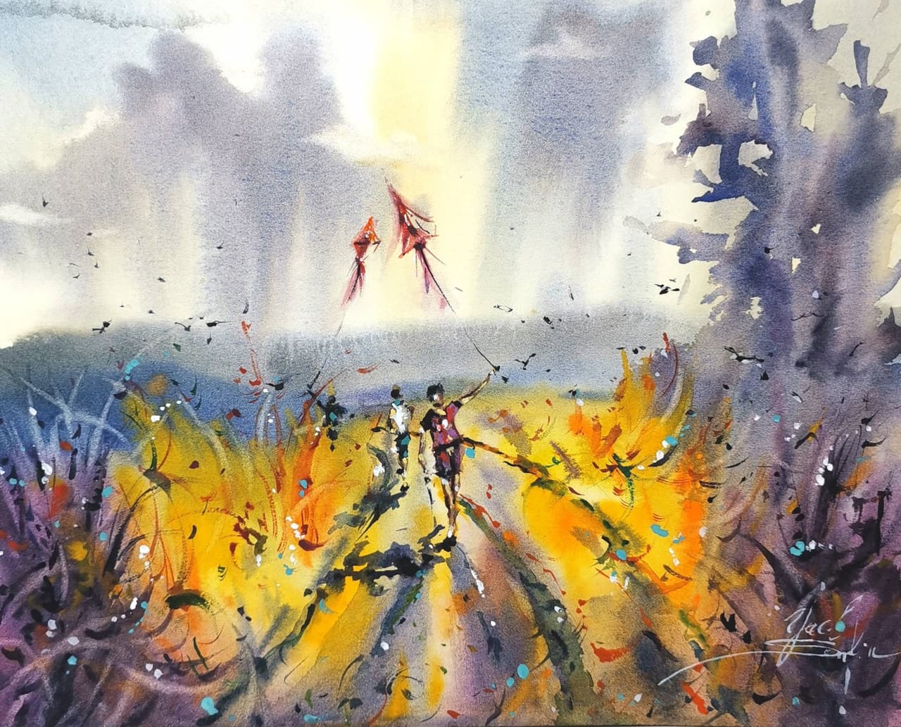 original watercolor painting of two figures flying red kites in a golden field under a dramatic sky, expressive landscape wall art, 9x12 inches