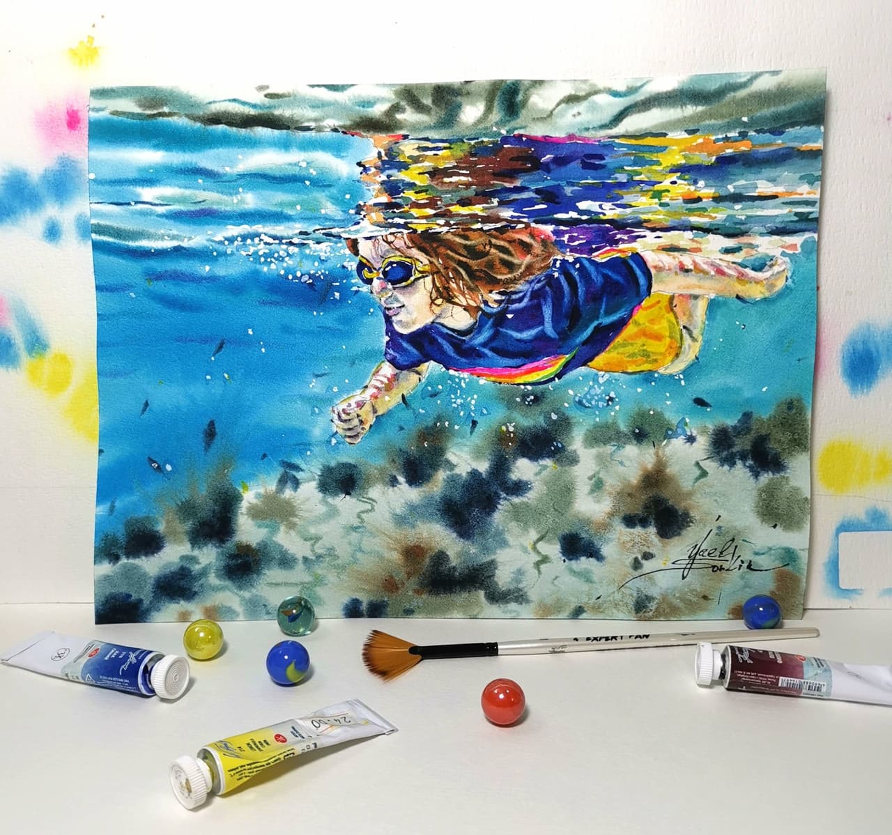 Original Watercolor Freedom Underwater Swimmer Painting - Ocean Life Wall Art — image 1