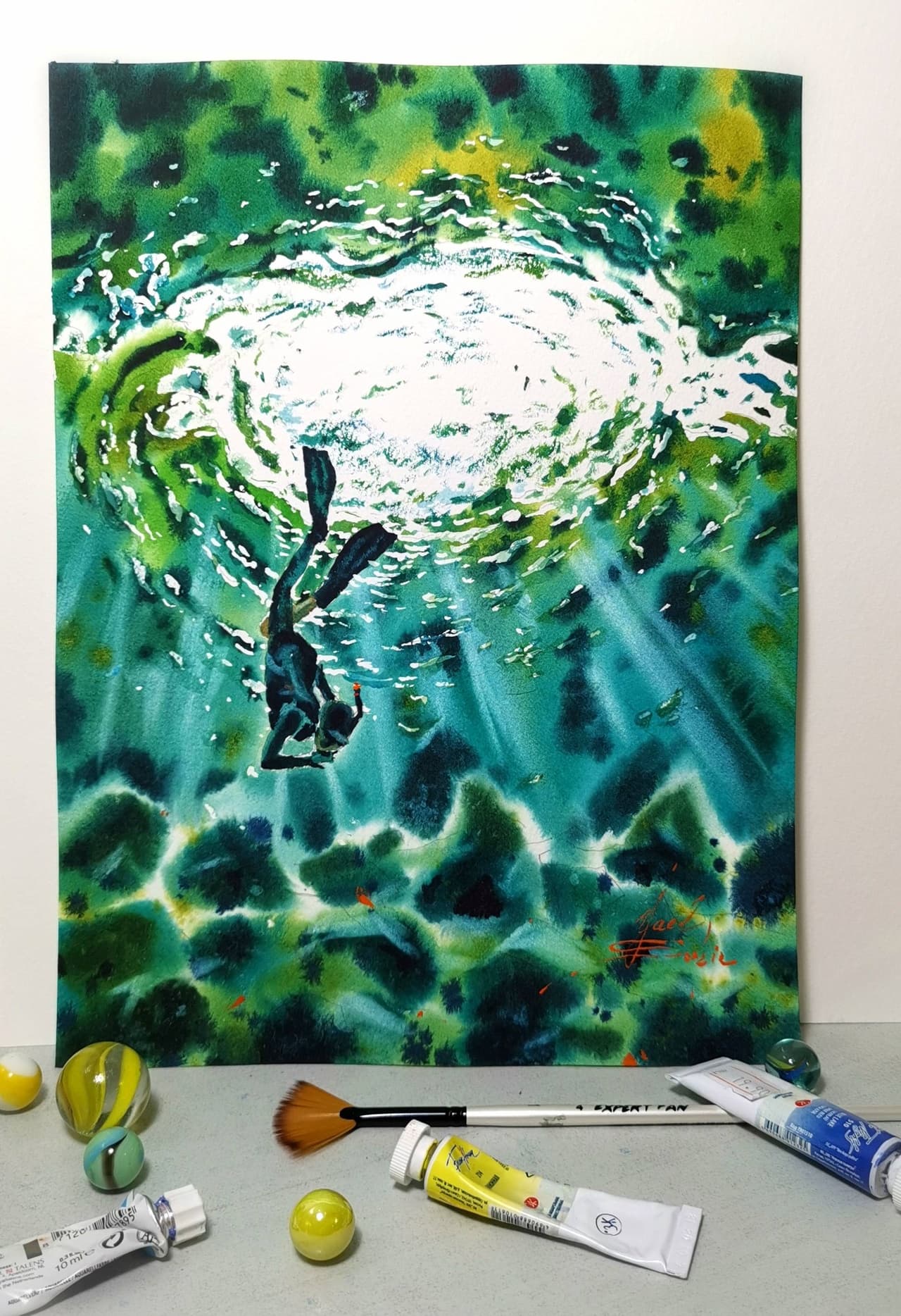 Original Watercolor Freediver Underwater Painting - Ocean Wall Art — image 1