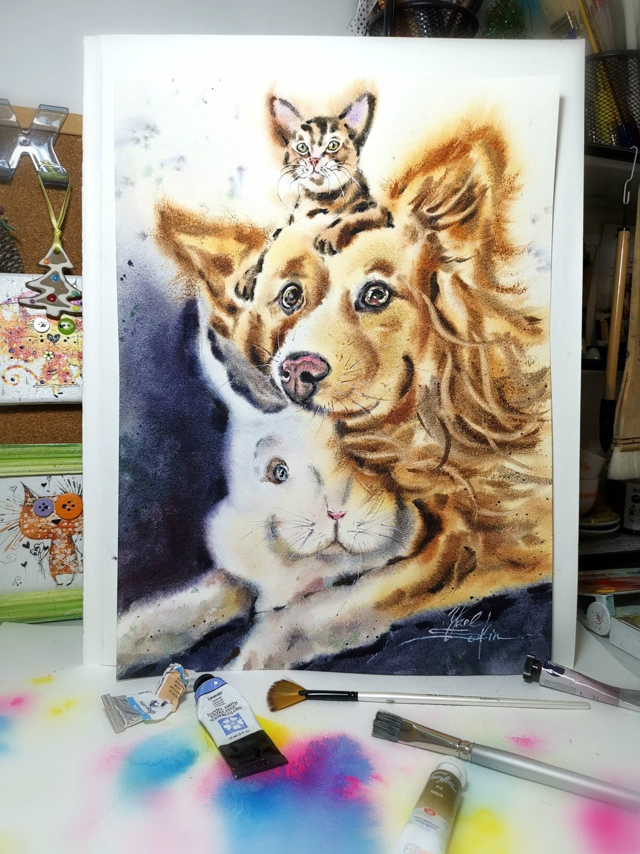 Original Watercolor Dog, Cat and Rabbit Painting - Pet Friendship Wall Art — image 1