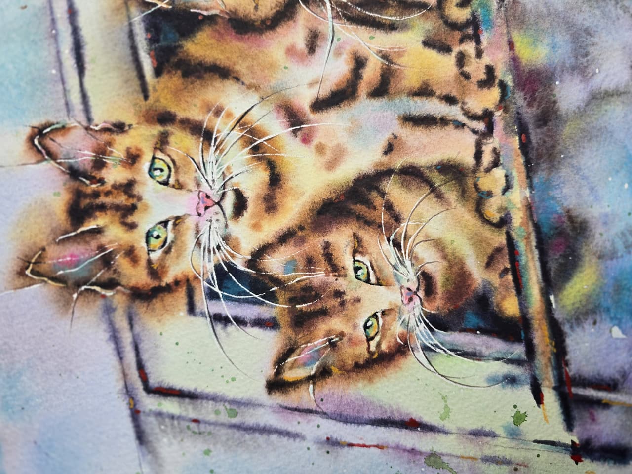 Four Orange Kittens Watercolor Painting, Original Cat Wall Art — image 4