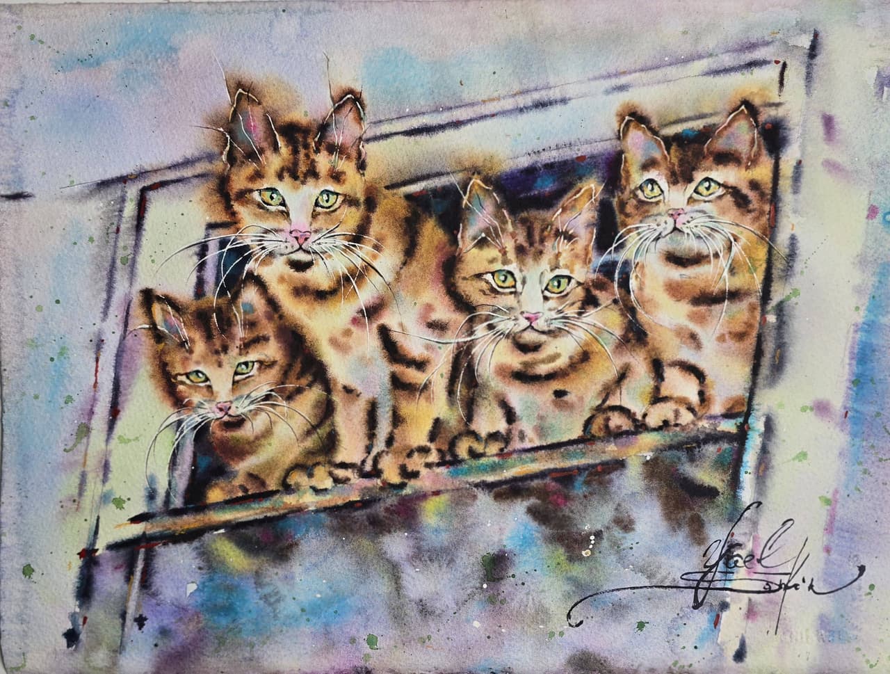 Four Orange Kittens Watercolor Painting, Original Cat Wall Art — image 1