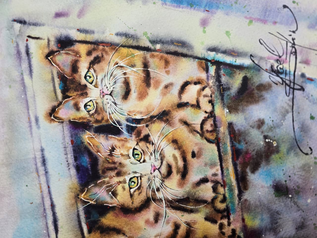 Four Orange Kittens Watercolor Painting, Original Cat Wall Art — image 3