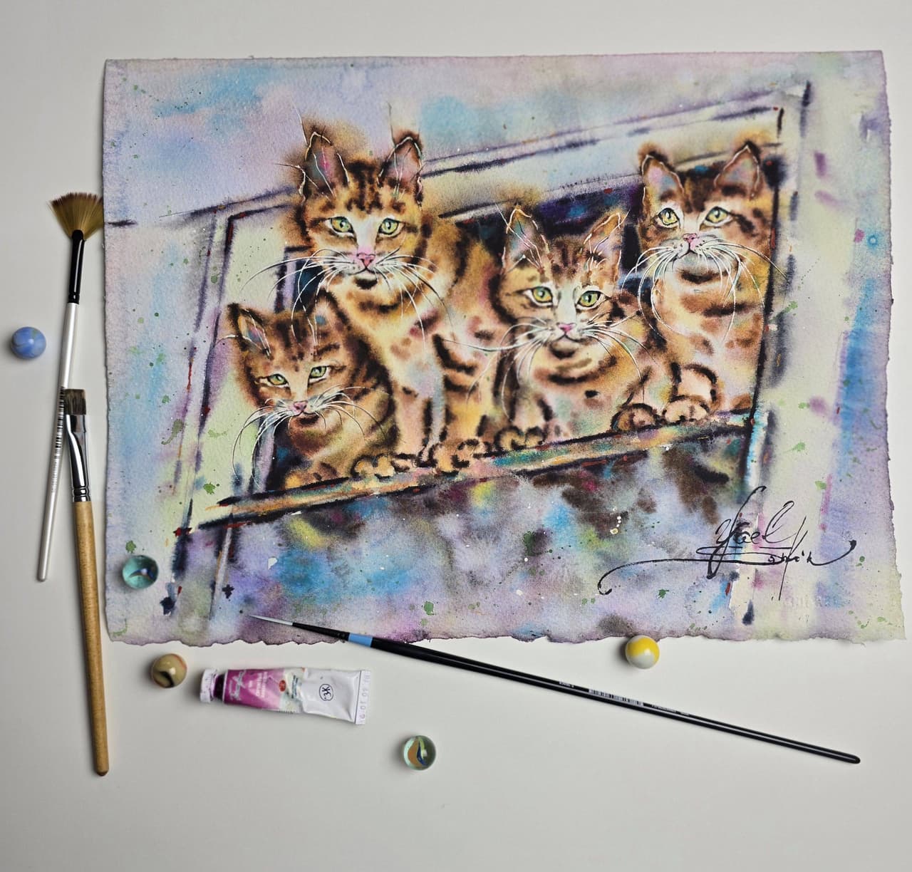 Four Orange Kittens Watercolor Painting, Original Cat Wall Art — image 2