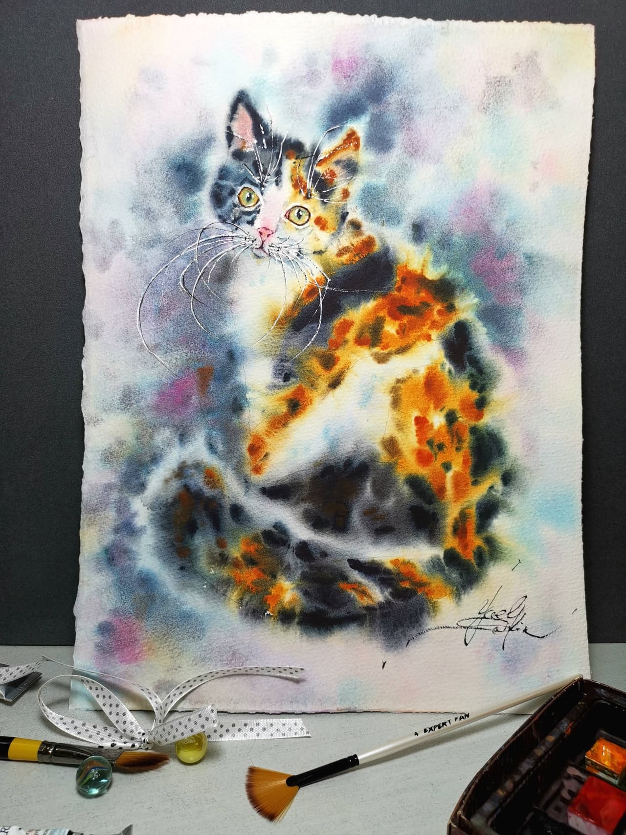 Original Watercolor Calico Cat Painting - Pet Portrait Wall Art — image 1