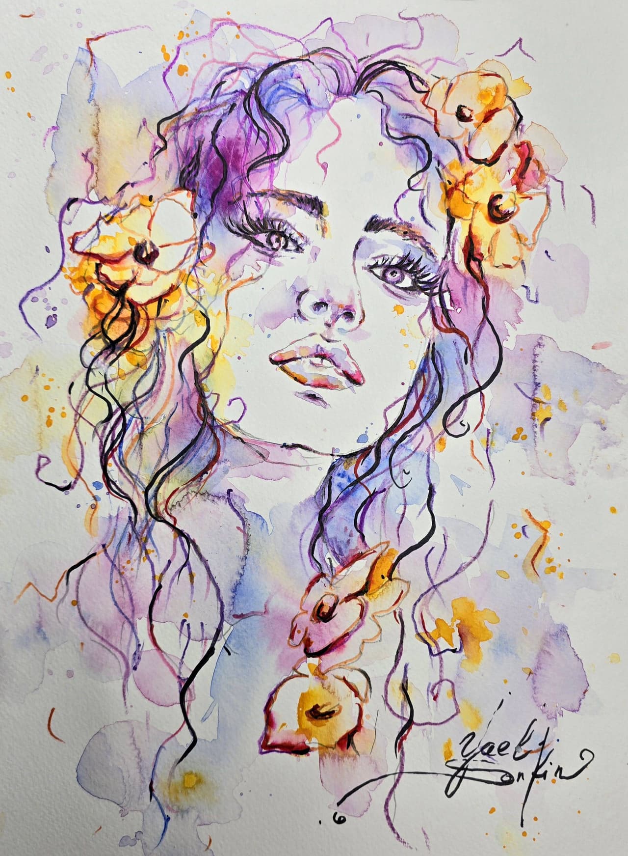 Female Portrait Watercolor Painting - Original Mixed Media Wall Art — image 1