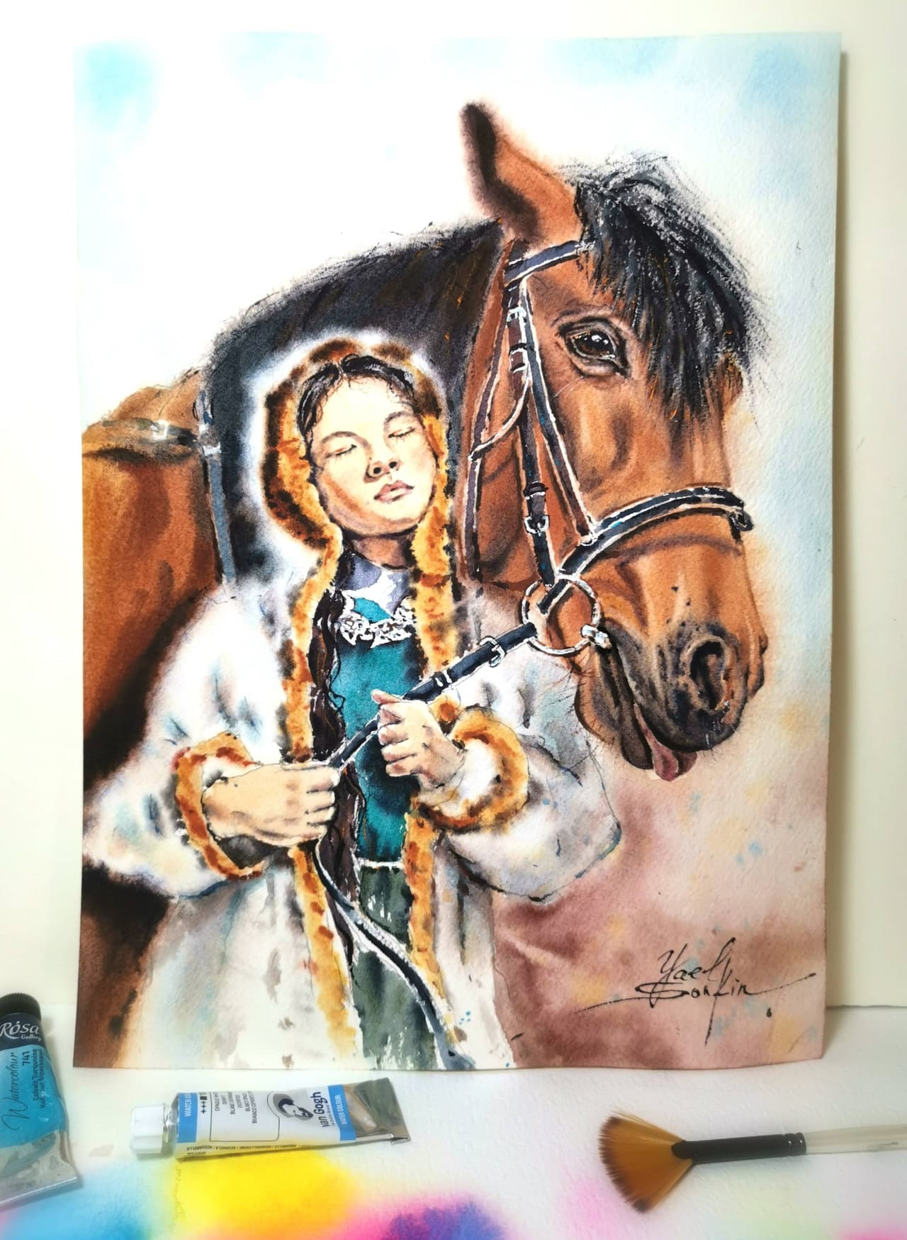 Original Watercolor Peaceful Girl with Horse Painting - Animal and Human Bond Wall Art — image 1