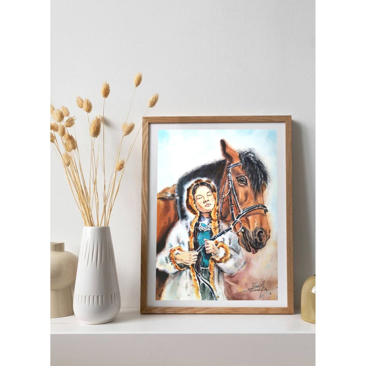 Original Watercolor Peaceful Girl with Horse Painting - Animal and Human Bond Wall Art — image 2