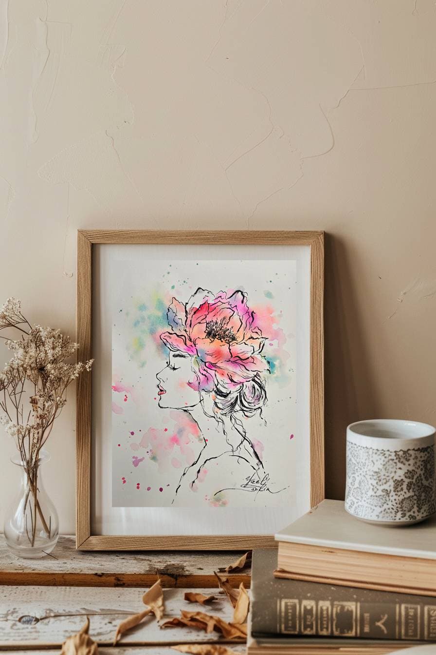 Female Portrait with Peony - Original Watercolor & Ink Art — image 2