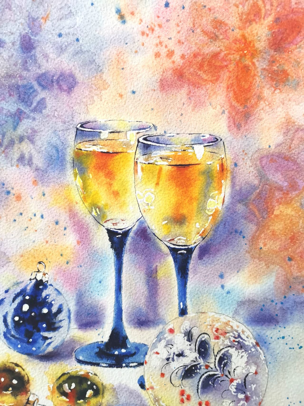Original Watercolor Wine Glasses and Christmas Decorations Painting — image 1
