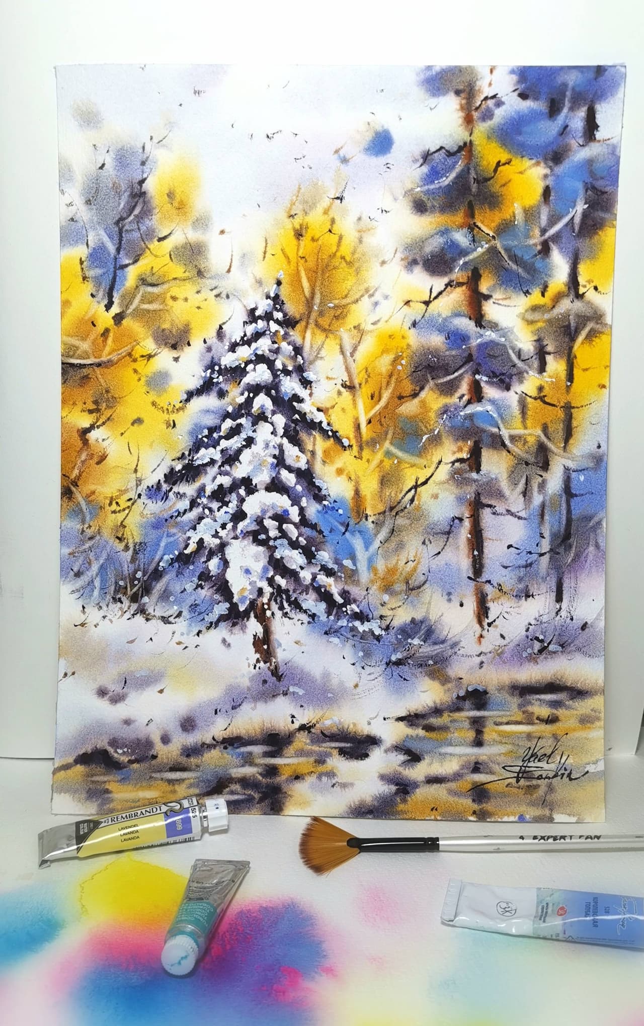 Winter Forest Landscape Watercolor Painting - Snowy Pine Tree Wall Art — image 1