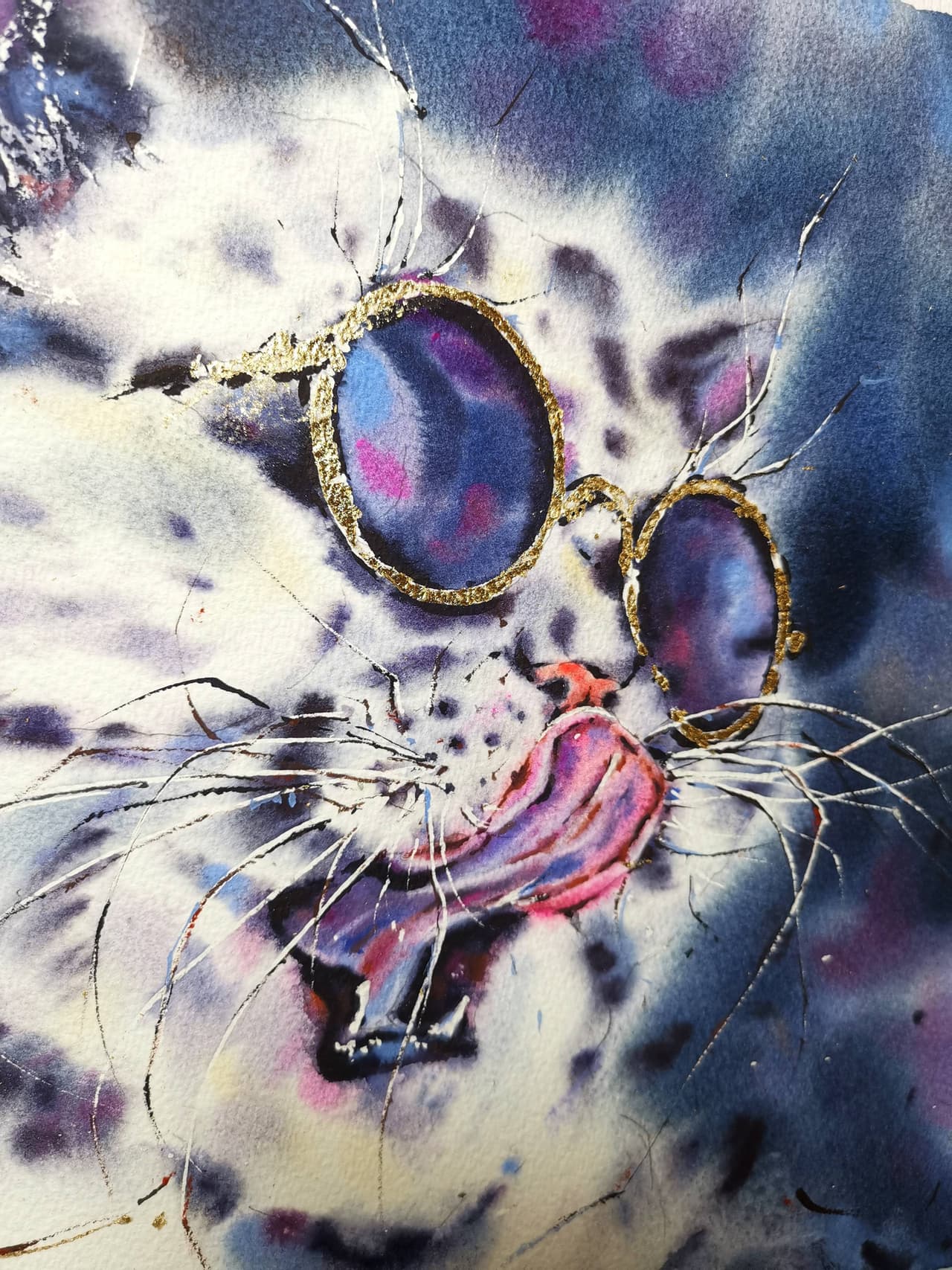 Original Watercolor Cool Cat Painting with Gold Foil - Modern Stylish Cat Wall Art — image 1
