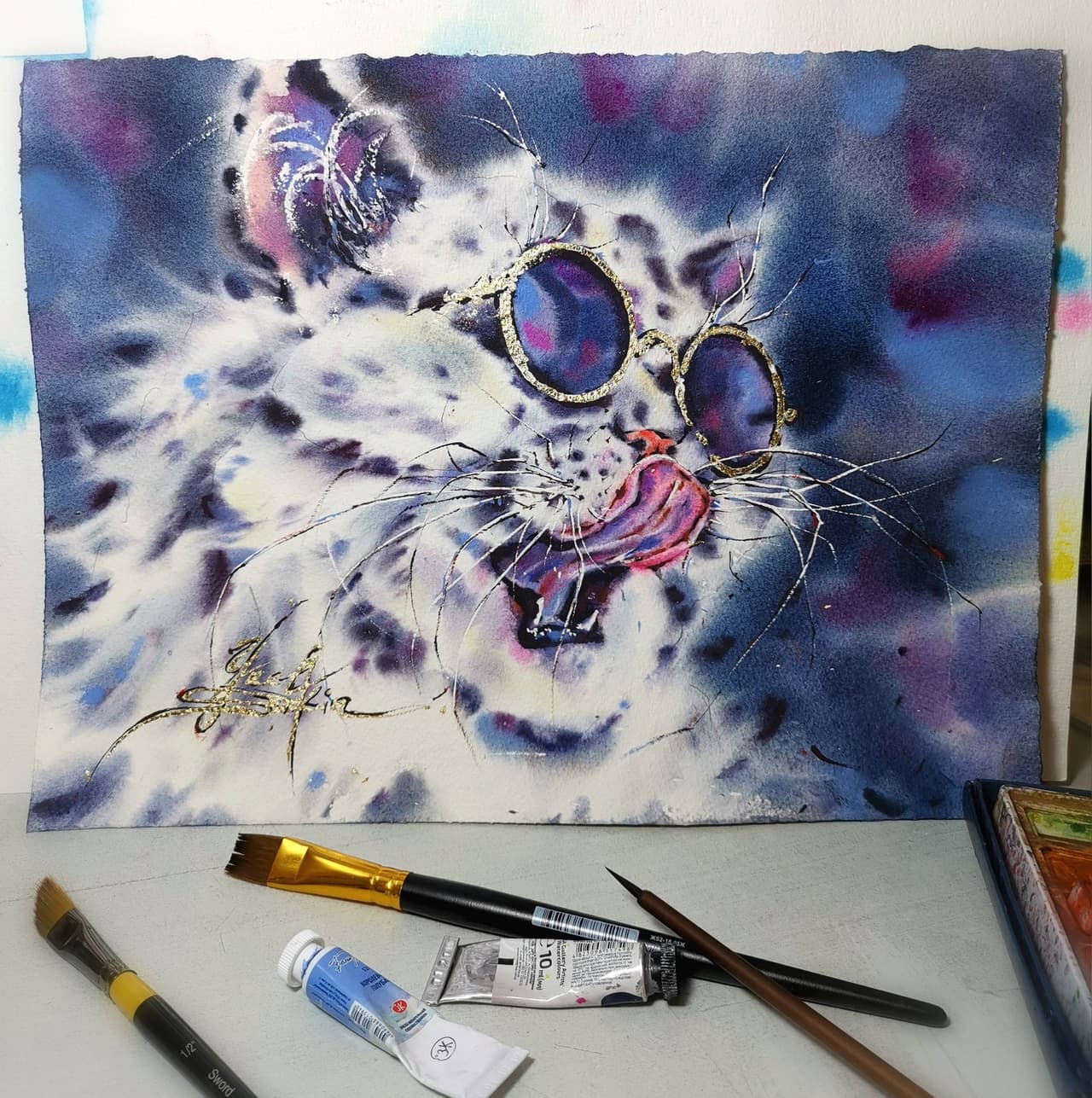 Original Watercolor Cool Cat Painting with Gold Foil - Modern Stylish Cat Wall Art — image 2