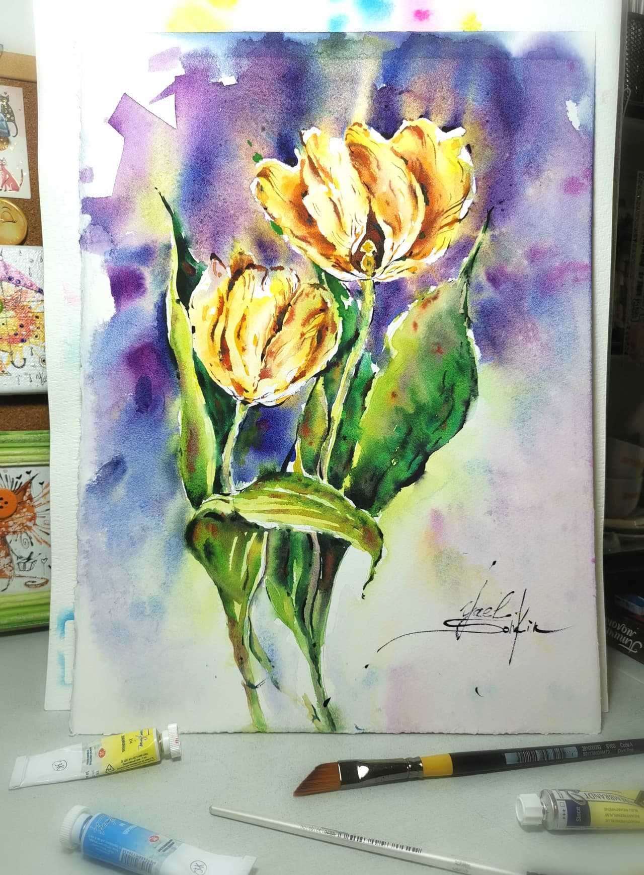 Original Watercolor Yellow Tulip Flowers Painting - Floral Wall Art — image 4