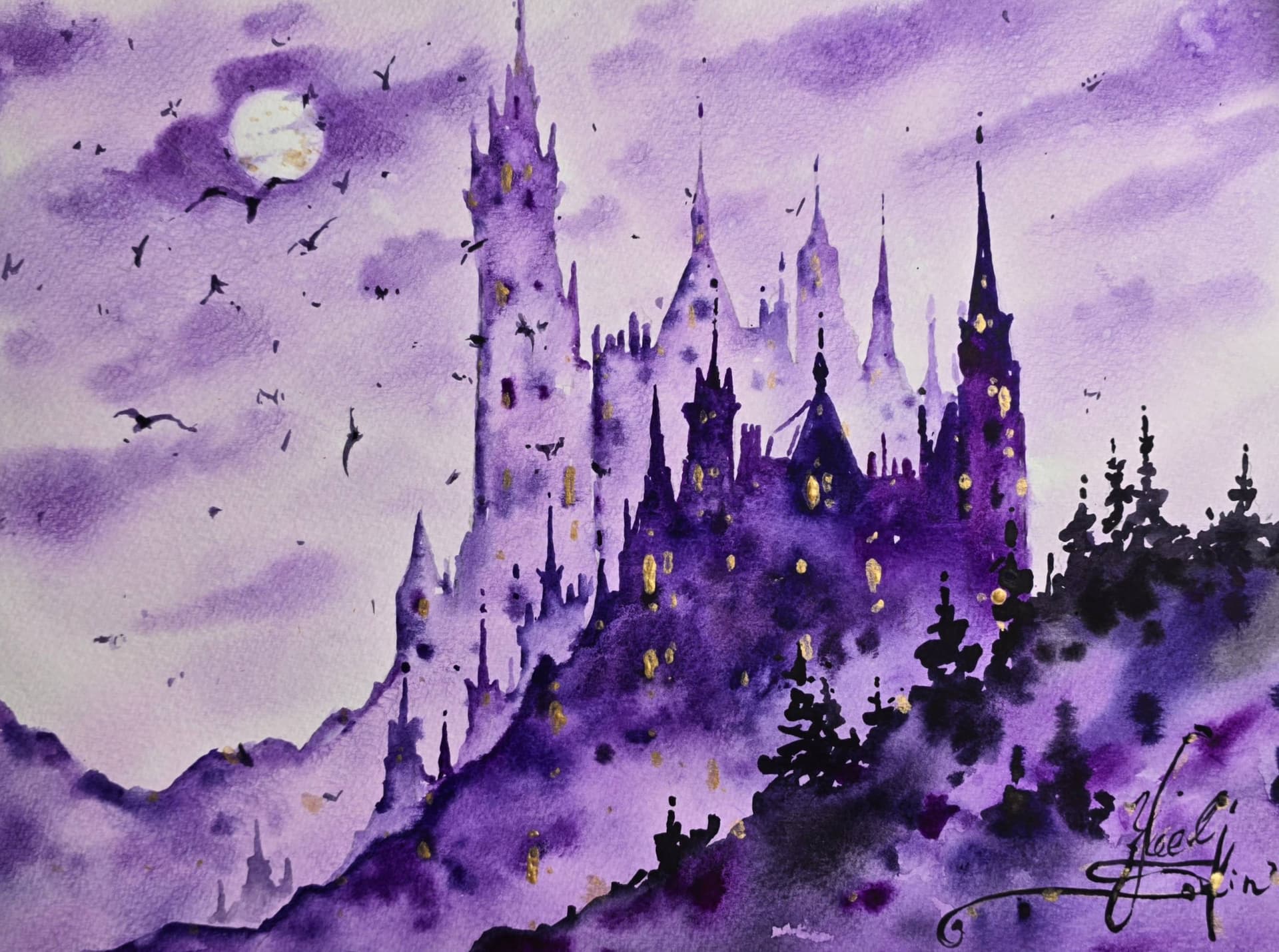 Gothic castle watercolor painting by Yael Natali — mysterious purple fantasy landscape with moon, flying bats, and misty night atmosphere. Dark spires and towers illuminated by golden light, gothic art in violet tones